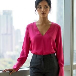 Ann Taylor Factory Mixed Media Fuchsia V-Neck Long-Sleeve Blouse